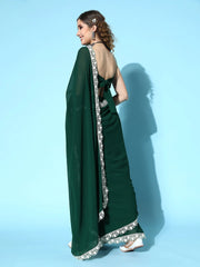 Green Saree with Embroidered border - Inddus.com