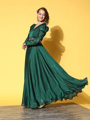 Green Satin Maxi Dress - Inddus.com