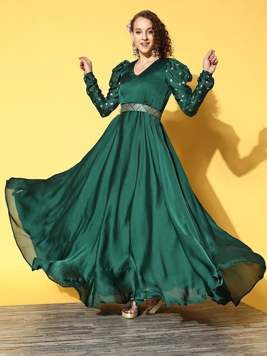 Green Satin Maxi Dress - Inddus.com