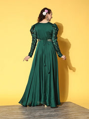 Green Satin Maxi Dress - Inddus.com