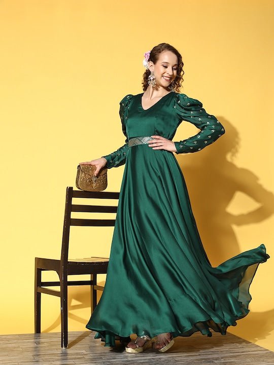 Green Satin Maxi Dress - Inddus.com