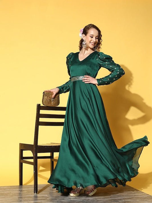 Green Satin Maxi Dress - Inddus.com