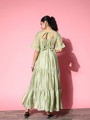 Green Satin Tiered Maxi Dress With Embroidered Jacket - Inddus.com