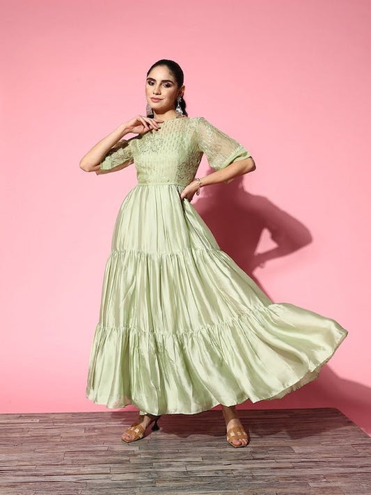 Green Satin Tiered Maxi Dress With Embroidered Jacket - Inddus.com