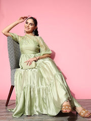 Green Satin Tiered Maxi Dress With Embroidered Jacket - Inddus.com