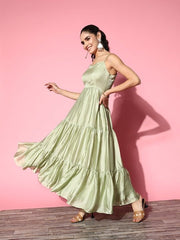 Green Satin Tiered Maxi Dress With Embroidered Jacket - Inddus.com
