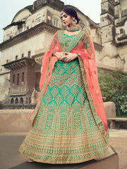 Green Satin Wedding Lehenga Choli - Inddus.com