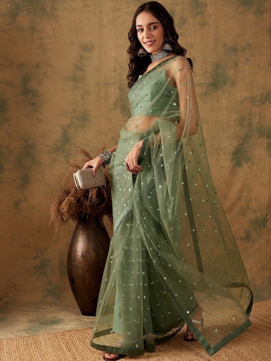 Green Sequin Embroidered Net Saree