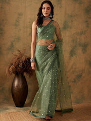 Green Sequin Embroidered Net Saree - Inddus.com