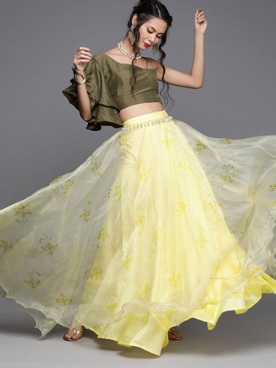 Green Silk Blend Printed Lehenga Choli - inddus-us