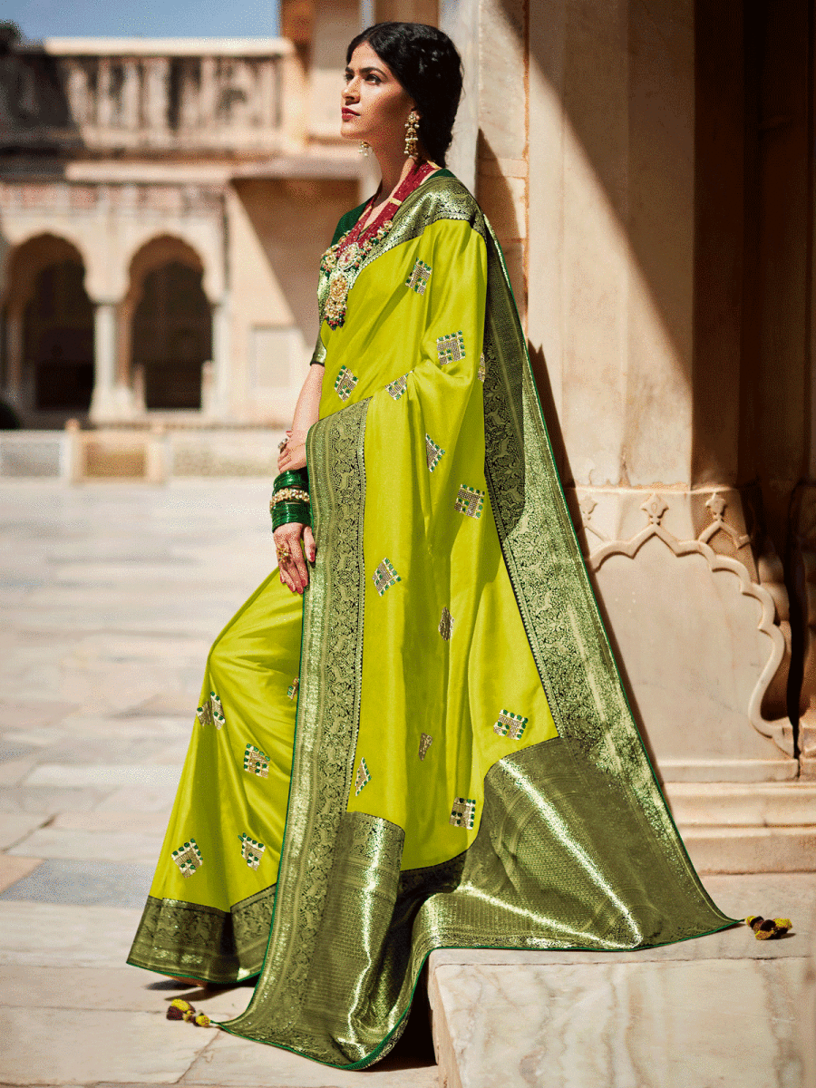 Green Silk Embellished Saree - Inddus.com