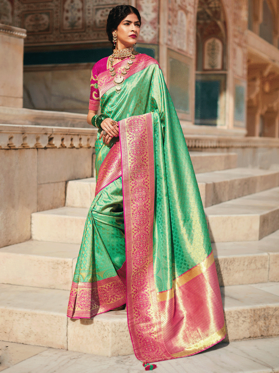 Green Silk Embellished Saree - Inddus.com