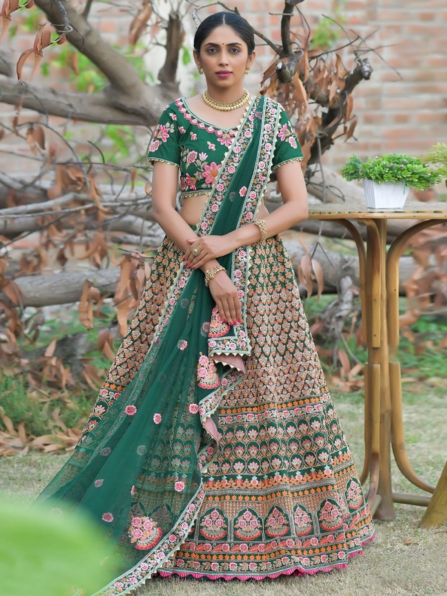 Green Silk Embroidered Partywear Lehenga Choli - inddus-us