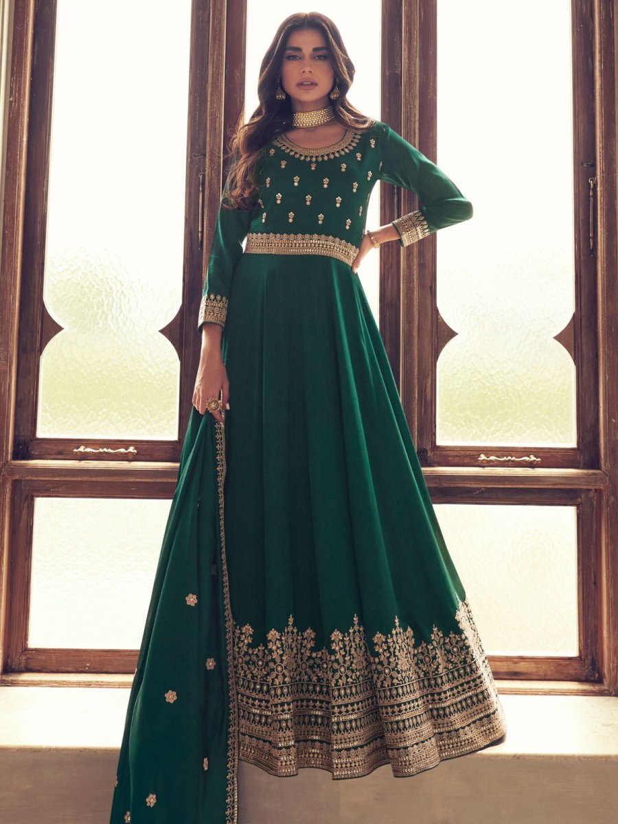 Green Silk Festive Wear Anarkali Suit - Inddus.com