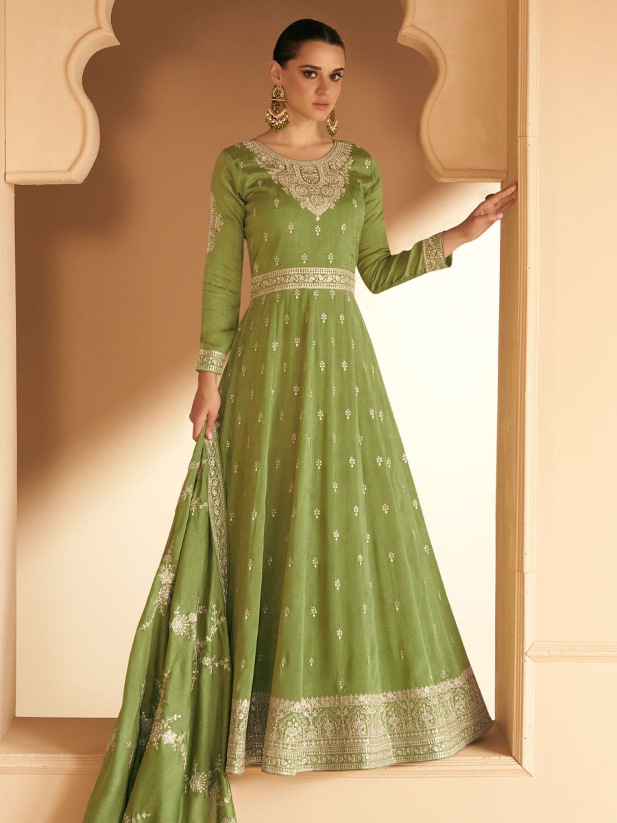 Green Silk Partywear Anarkali Suit - Inddus.com