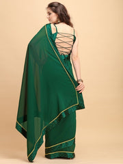 Green Solid Embellished Border Saree - inddus-us