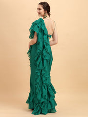 Green Solid Ruffled Saree with Belt - inddus-us