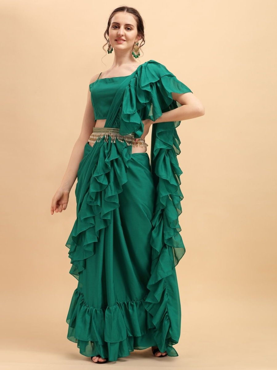 Green Solid Ruffled Saree with Belt - inddus-us
