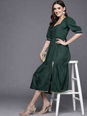 Green Square Neck A-Line Dress - Inddus.com