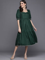 Green Square Neck A-Line Dress - Inddus.com