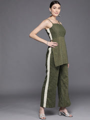 Green Striped Shoulder Straps Kurti with Palazzos - Inddus.com