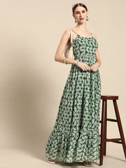 Green Tie and Dye Printed Chiffon Ethnic Maxi Dress - Inddus.com