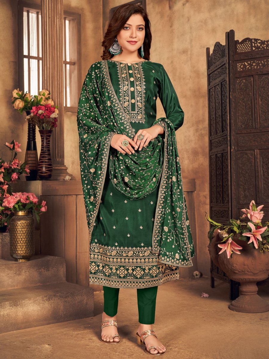 Green Upada Silk Embroidered Partywear Straight Cut Suit - Inddus.com