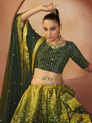 Green Velvet Embroidered Lehenga Choli - Inddus.com