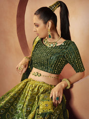 Green Velvet Embroidered Lehenga Choli - Inddus.com