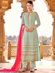 Green Viscose Georgette Partywear Pakistani Style Suit - Inddus.com