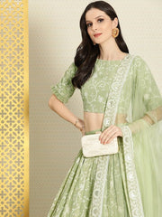 Green & White Embroidered Thread Work Semi-Stitched Lehenga & Unstitched Blouse With - Inddus.com