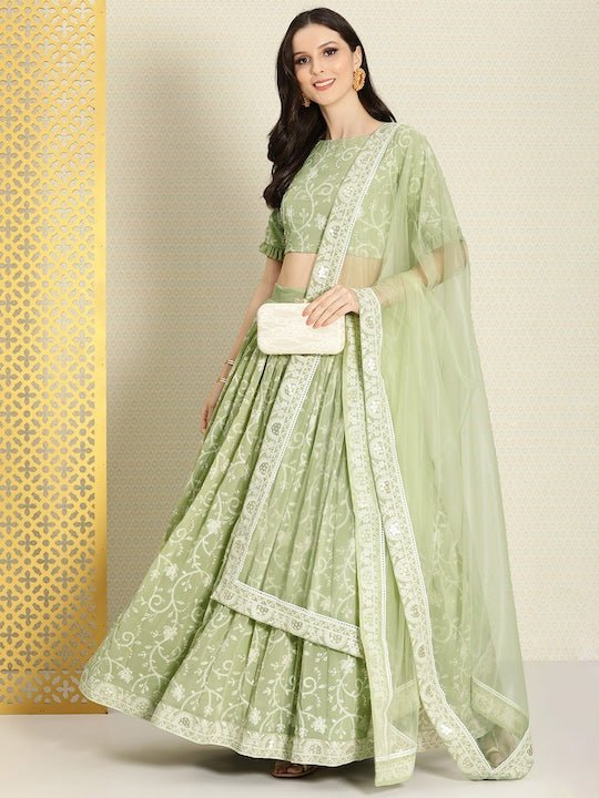 Green & White Embroidered Thread Work Semi-Stitched Lehenga & Unstitched Blouse With - Inddus.com