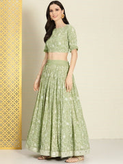 Green & White Embroidered Thread Work Semi-Stitched Lehenga & Unstitched Blouse With - Inddus.com