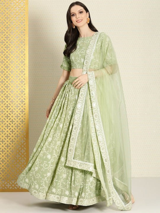 Green & White Embroidered Thread Work Semi-Stitched Lehenga & Unstitched Blouse With - Inddus.com