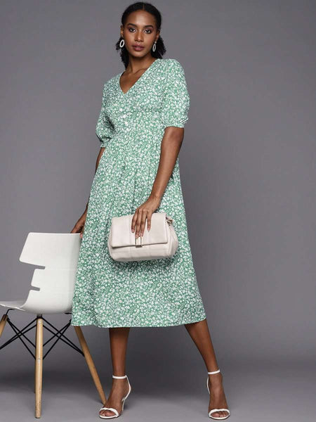 Green & White Floral A-Line Midi Dress Green & White Floral A-Line Midi Dress