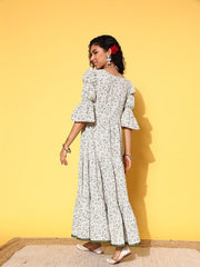 Green & White Floral Print Sweetheart Neck Puff Sleeves Maxi Dress - Inddus.com