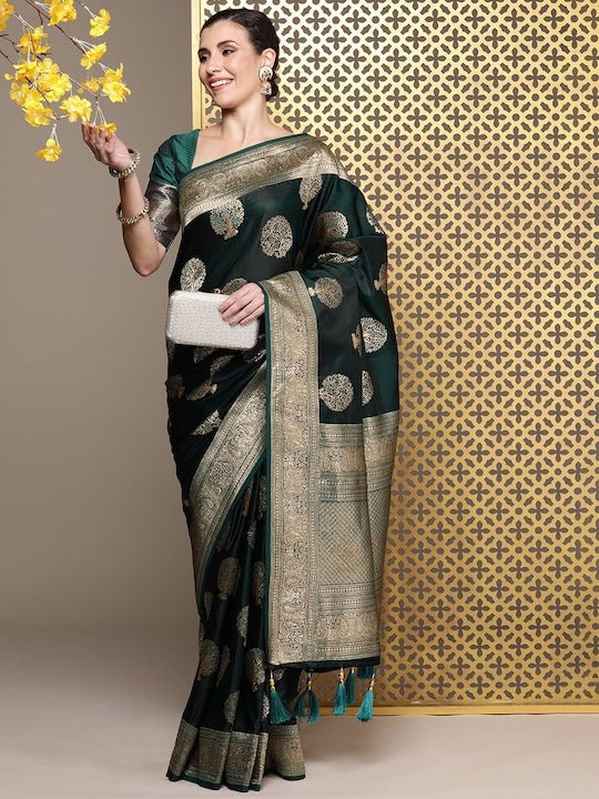 Green Woven Design Ethnic Motifs Zari Satin Banarasi Saree - Inddus.com