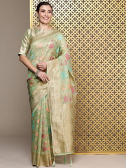 Green Woven Design Floral Zari Organza Banarasi Saree - Inddus.com