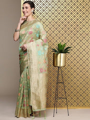 Green Woven Design Floral Zari Organza Banarasi Saree - Inddus.com