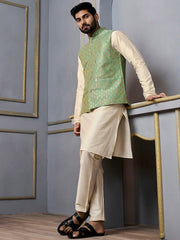 Green Woven-Design Mandarin Collar Nehru Jacket - Inddus.com
