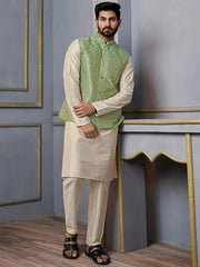 Green Woven-Design Mandarin Collar Nehru Jacket - Inddus.com