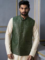 Green Woven Designed Nehru Jacket - Inddus.com
