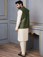 Green Woven Designed Nehru Jacket - Inddus.com