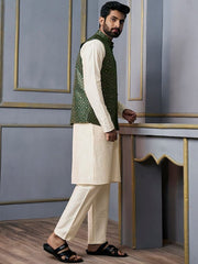 Green Woven Designed Nehru Jacket - Inddus.com