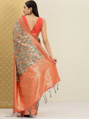 Grey and Red Floral Zari Woven Saree - Inddus.com