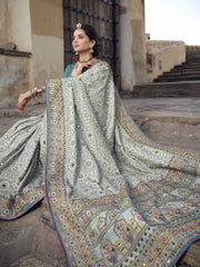 Grey Banarasi Silk Festive Wear Saree - Inddus.com