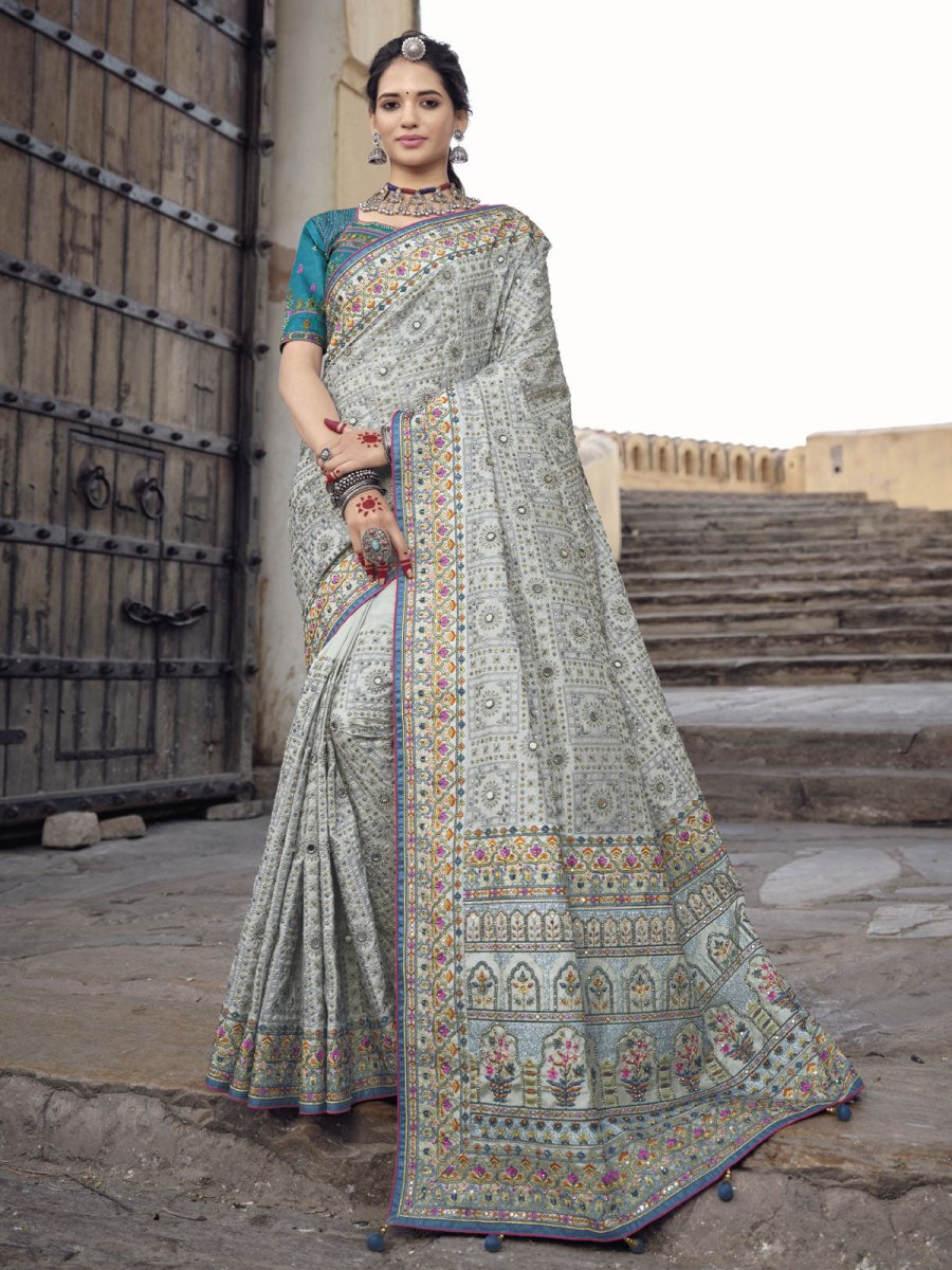 Grey Banarasi Silk Festive Wear Saree - Inddus.com