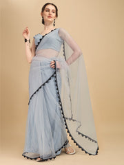 Grey & Black Beads and Stones Net Saree with Embellished Border - Inddus.com