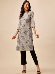 Grey & Black Floral Embroidered Thread Work Kurta with Trousers - Inddus.com
