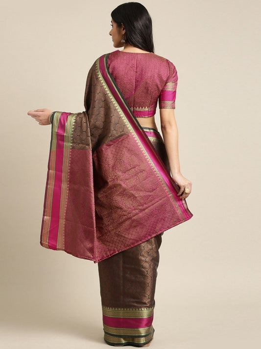 Grey & Brown Cotton Blend Woven Design Saree - inddus-us